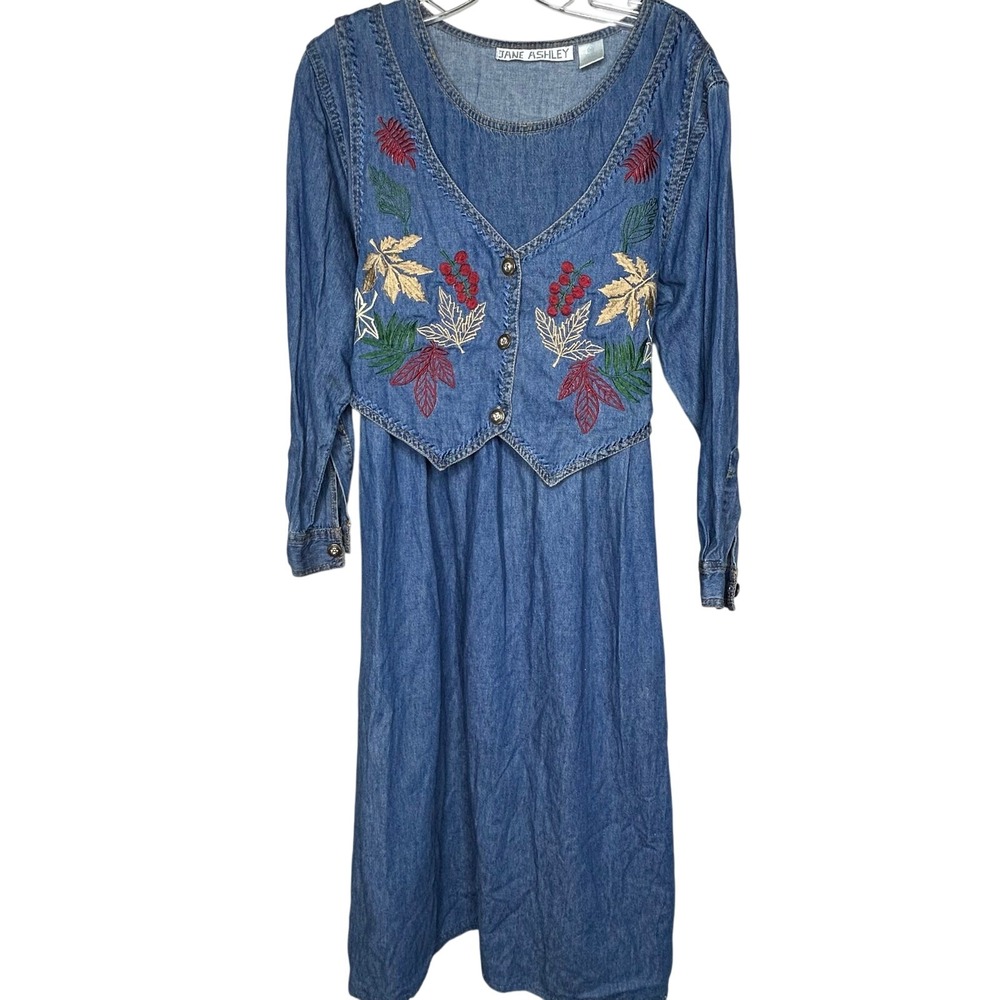 Vtg 90s JANE‎ ASHLEY Medium Denim Maxi Dress Vest Embroidery Cottage Modest Fall